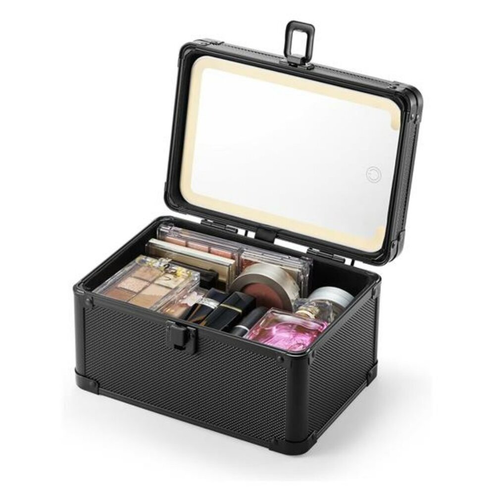 Small travel makeup case with lighted mirror waterproof cosmetic organizer box